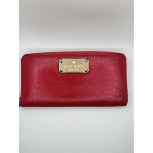 Kate Spade New York Red Saffiano Leather Zip Around Continental Wallet Polka Dot
